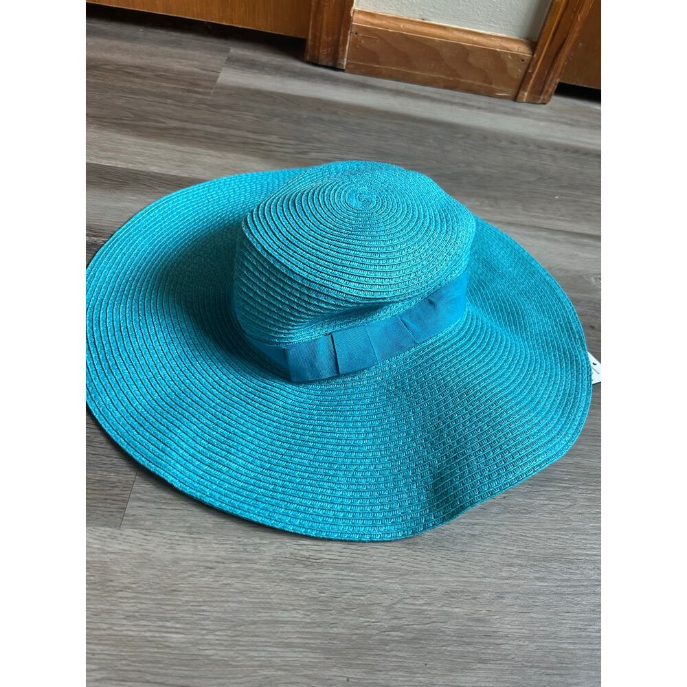 NWT Vibrant Turquoise Wide Brim FloppyStraw Sun Hat Summer Beach Ribbon resort